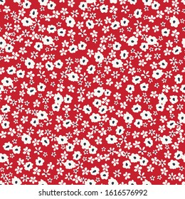 Monochrome Artistic Ditsy Allover Graphic Floral Vector Seamless Pattern. Simplistic Small Hand Drawn White Daisies, Scattered Abstract Blooms on REd Background. Minimal Stylized Flowers Print.