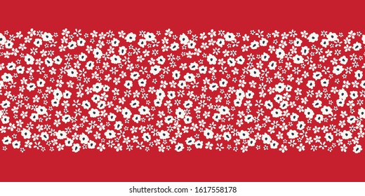 Monochrome Artistic Ditsy Allover Graphic Floral Vector Seamless Horizontal Pattern Border. Simplistic Small Hand Drawn Daisies, Abstract White Blooms on Red Background. Minimal Stylized Flowers Print
