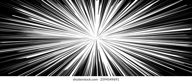 Monochrome artwork depicting abstract starburst pattern with white lines radiating from a central point on black background conveying dynamic energy.