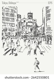 Arte monocromática da icônica Travessia de Shibuya em Tóquio, destacando a vida na cidade e a cultura urbana