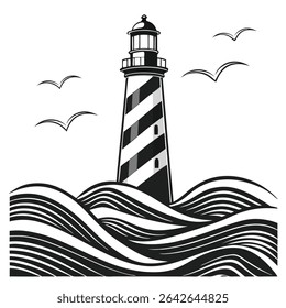Monochrome artwork showcases a lighthouse set against stylized waves, with gulls in flight, creating a timeless nautical theme. The design features a transparent backdrop for easy integration.