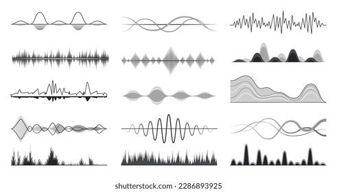 Olas de sonido monocromo, cantos o símbolos de voz. Frecuencia de radio, vibración de monitor y ritmo. Signos vectoriales decentes de ecualizador digital