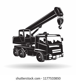 Monochrome auto crane icon isolated on white background with shadow, lifting equipment, vector