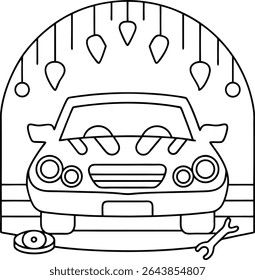 Cena Automotiva Monocromática Um Carro com Capuz Aberto Cercado por Ferramentas e Luzes Festivas em um Cenário de Garagem Ilustrando a Manutenção do Automóvel em Preto e Branco