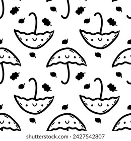 Patrón sin fisuras de otoño monocromo con paraguas y hojas de garabato. Impresión perfecta para papel, textil y tela. Dibujado a mano ilustración vectorial.



