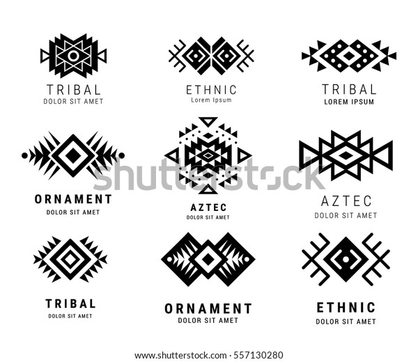 Aztecのモノクロスタイルの装飾用の簡単な幾何学的なロゴセット アメリカのインド風華やかな模様のデザインコレクション 部族の装飾テンプレート 民族的な 装飾 Eps10のベクターイラスト のベクター画像素材 ロイヤリティフリー