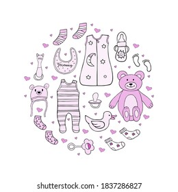Monochrome baby shower doodle illustration with kids set and little footprints. Baby shower decorations. Pregnancy, motherhood