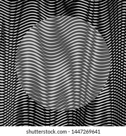 Monochrome background with abstract linear wavy circle with moire effect. Can be used as design of websites, accessories for phones, tablet. Element for business card, title, image for blog.