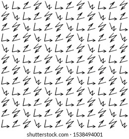 Monochrome background with black curved arrows. Black and white vector illustration.
