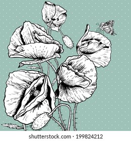 Monochrome Background with Bunch of Beautiful Poppy  Vintage Invitation Floral Card Design with Poppy.