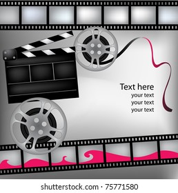 Monochrome background with cinema clapper and film