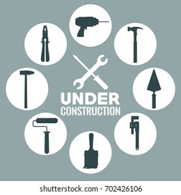 monochrome background with circular frame with silhouette of tools with closeup in center of screwdriver crossed of wrench text under construction