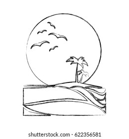 monochrome background contour of sunset in the beach with palms and gulls vector illustration