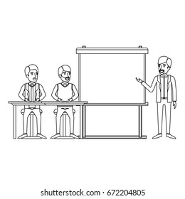 monochrome background with couple of man sitting in a desk for executive orator in presentacion business people vector illustration