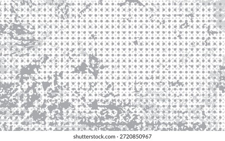 Un fondo monocromo presenta una textura grunge afligida con salpicaduras grises irregulares que superponen un patrón de puntos semitono preciso, creando un elemento vintage, abstracto y de Diseño gráfico