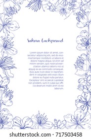 Monochrome background with floral frame consisted of beautiful blooming flowers and buds of Japanese sakura hand drawn with contour lines and place for text in center. Botanical vector illustration.
