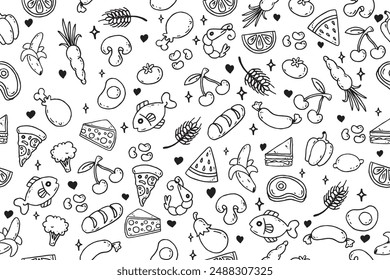 Monochrome background with food. Fish, watermelon, pizza, steak, shrimp, mushroom, carrot, bread, cheese, eggplant, tomato.