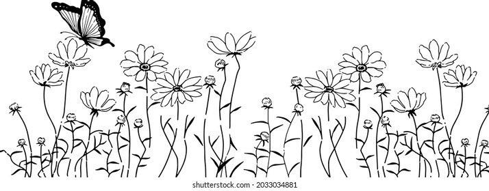 Monochrome background illustration of butterflies dancing in a cosmos field
