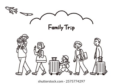 Monochrome background image of happy three generation family going on a trip
