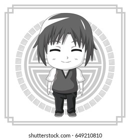 monochrome background japanese symbol with silhouette cute anime tennager facial expression smile with eyes closed