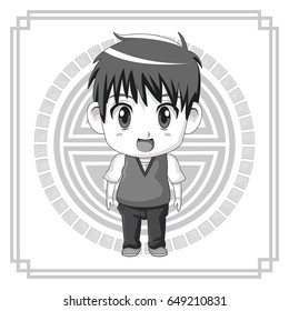 monochrome background japanese symbol with silhouette cute anime teennager expression surprise