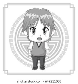 monochrome background japanese symbol with silhouette cute anime tennager facial expression bewildered
