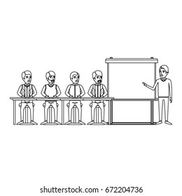 monochrome background with men group sitting in a desk for executive male in presentacion business people vector illustration