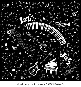 Monochrome background with musical instruments. Vector illustration
