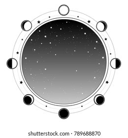 Monochrome background: night star sky, Sacred geometry. Place for the text. Alchemy, magic, esoteric, occultism. Vector illustration isolated on a white background. Print, poster, t-shirt, card.