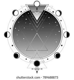 Monochrome background: night star sky, Sacred geometry. Place for the text. Alchemy, magic, esoteric, occultism. Vector illustration isolated on a white background. Print, poster, t-shirt, card.