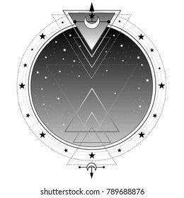 Monochrome background: night star sky, Sacred geometry. Place for the text. Alchemy, magic, esoteric, occultism. Vector illustration isolated on a white background. Print, poster, t-shirt, card.