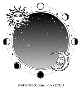 Monochrome background: night star sky, Moon and Sun. Place for the text. Alchemy, magic, esoteric, occultism. Vector illustration isolated on a white background. Print, poster, t-shirt, card.