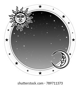 Monochrome background: night star sky, Moon and Sun. Place for the text. Alchemy, magic, esoteric, occultism. Vector illustration isolated on a white background. Print, poster, t-shirt, card.