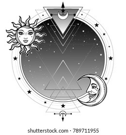 Monochrome background: night star sky, Moon and Sun. Place for the text. Alchemy, magic, esoteric, occultism. Vector illustration isolated on a white background. Print, poster, t-shirt, card.