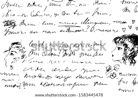 Monochrome background of an old unreadable romantic letter with sloppy handwriting and hand-drawn doodles, profiles of a man and a woman. Overlay template. Vector illustration