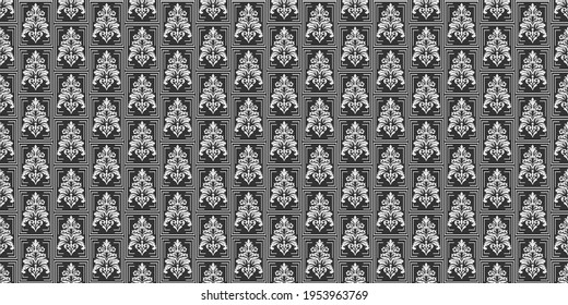 Monochrome background pattern with decorative ornaments on a black background, retro. Great for postcards, covers, wallpapers. Seamless pattern, texture for your design. Vector image 