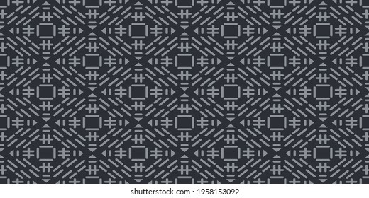 Monochrome background pattern with geometric ornament on a black background. Seamless pattern, texture. Suitable for design book cover, poster, wallpaper, invitation, cards. Vector graphics