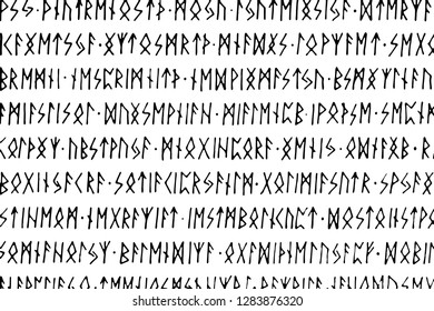 Monochrome background of text written by runes, separated by dots into words. Hand-written lines of ancient magical runes. Overlay template for easy use in your design. Vector illustration