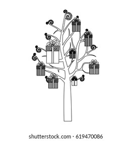 monochrome background with tree with gift boxes hanging of the branches vector illustration