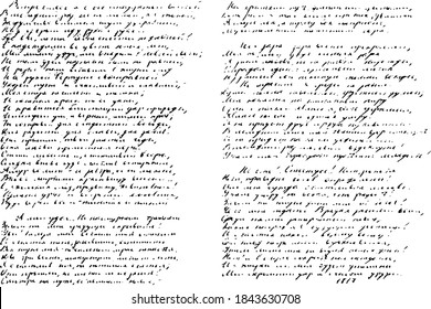 Monochrome background of an unreadable handwritten poem,  ink-written in a sloppy handwriting. A piece of poetry, illegibly written in two columns. Overlay template. Vector illustration