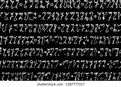Monochrome background of white letters spell magic alphabet on black. Handwritten esoteric occult ancient manuscript with half-erased letters. Vector EPS10 illustration