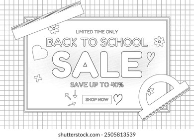 Monochrome back-to-school sale banner designed as a coloring page, featuring doodles, rulers, and creative elements on a grid background.