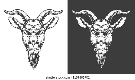 Monochrome badass goat head in vintage style. Vector illustration