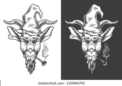 Monochrome badass goat head in vintage style in wizard hat, and pipe. Vector illustration