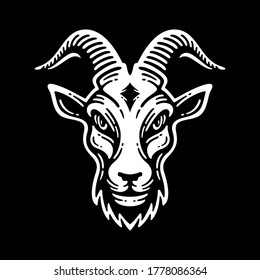 Monochrome badass goat head in vintage style. Vector illustration