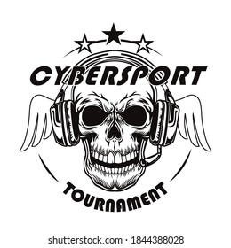 Monochrome badge with gamer skull vector illustration. Retro dead head headphones. Videogame and cybersport tournament concept can be used for retro template, banner or poster