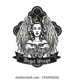Monochrome Badge With Pretty Angel Woman Vector Illustration. Retro Female Character With Angel Wings Looking Forward. Trust And Religion Concept Can Be Used For Retro Template