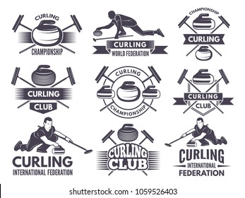 Monochrome badges of curling. Labels for sport teams. Curling sport competition badge of set. Vector illustration