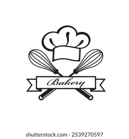 monochrome bakery icon with mixing whisk and hat isolated on white background