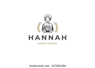 Monochrome bakery logo design template woman chef with cereal ears of wheat vector illustration. Female kitchen worker in uniform holding fresh cooked sweet baking dessert croissant bun and bread